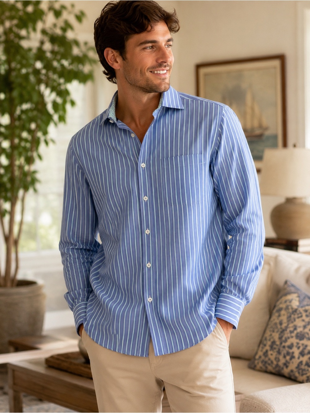 Bugatchi Blue and White Vertical Stripe Dress Shirt